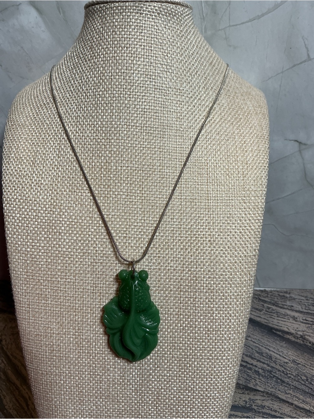 Green Glass Carved Fish Pendant Necklace